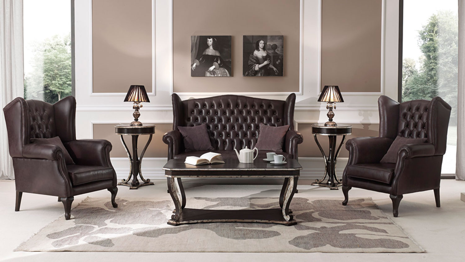 chesterfield sofa and armchairs brown leather 8366