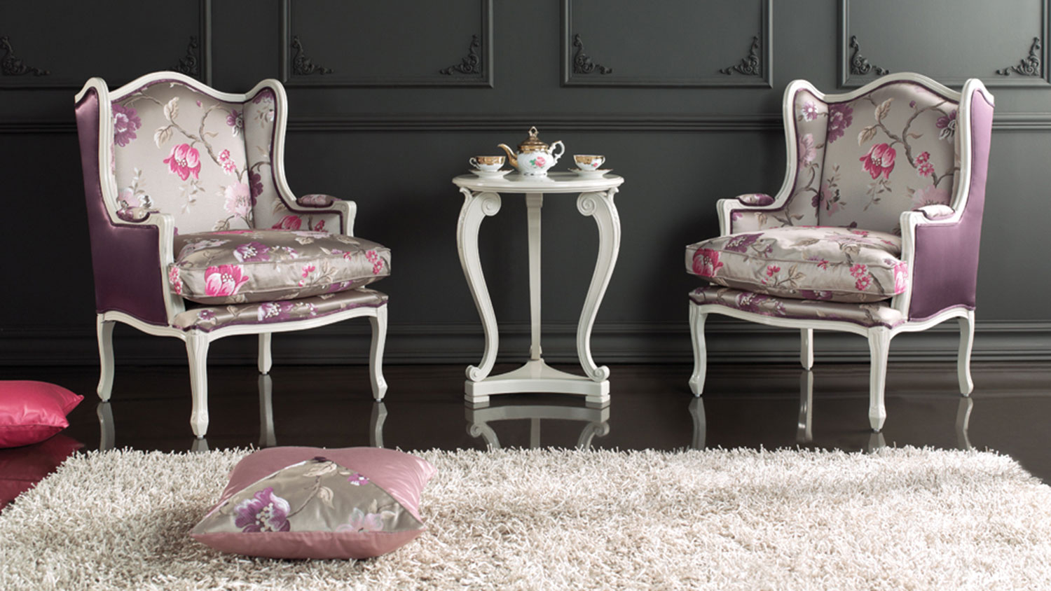 classic elena armchairs in white with floral fabric and baroque style lamp table 8100