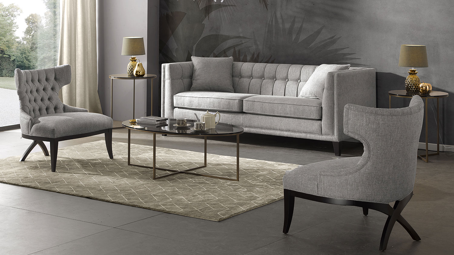 contemporary lixis sofa with two armchairs and oval glass coffee table 8879