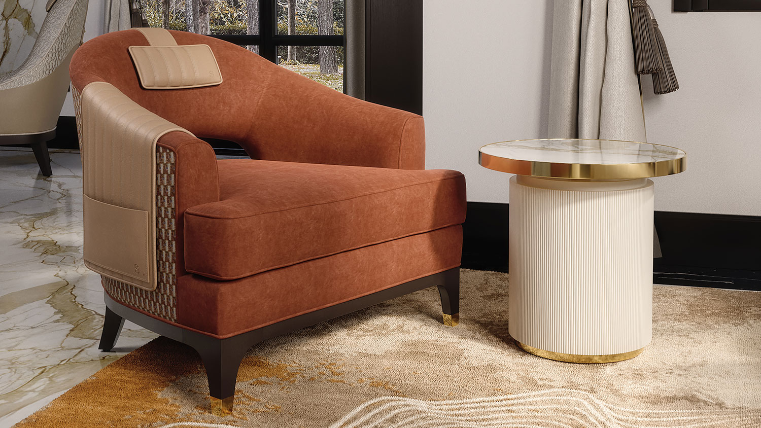 terracotta armchair and round marble lamp table 2155