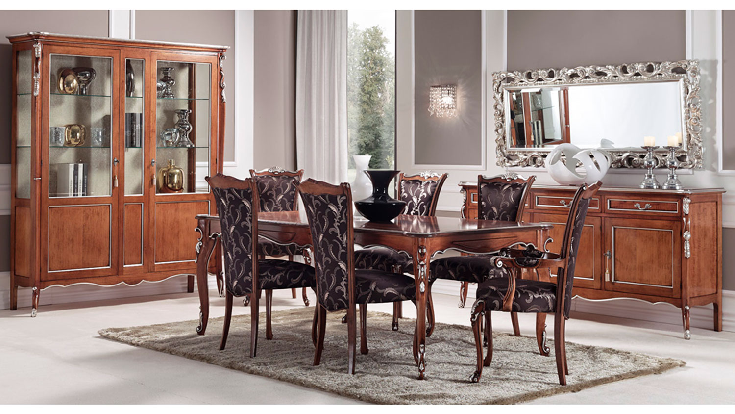 wooden baroque style dining with table chairs and cabinets 847