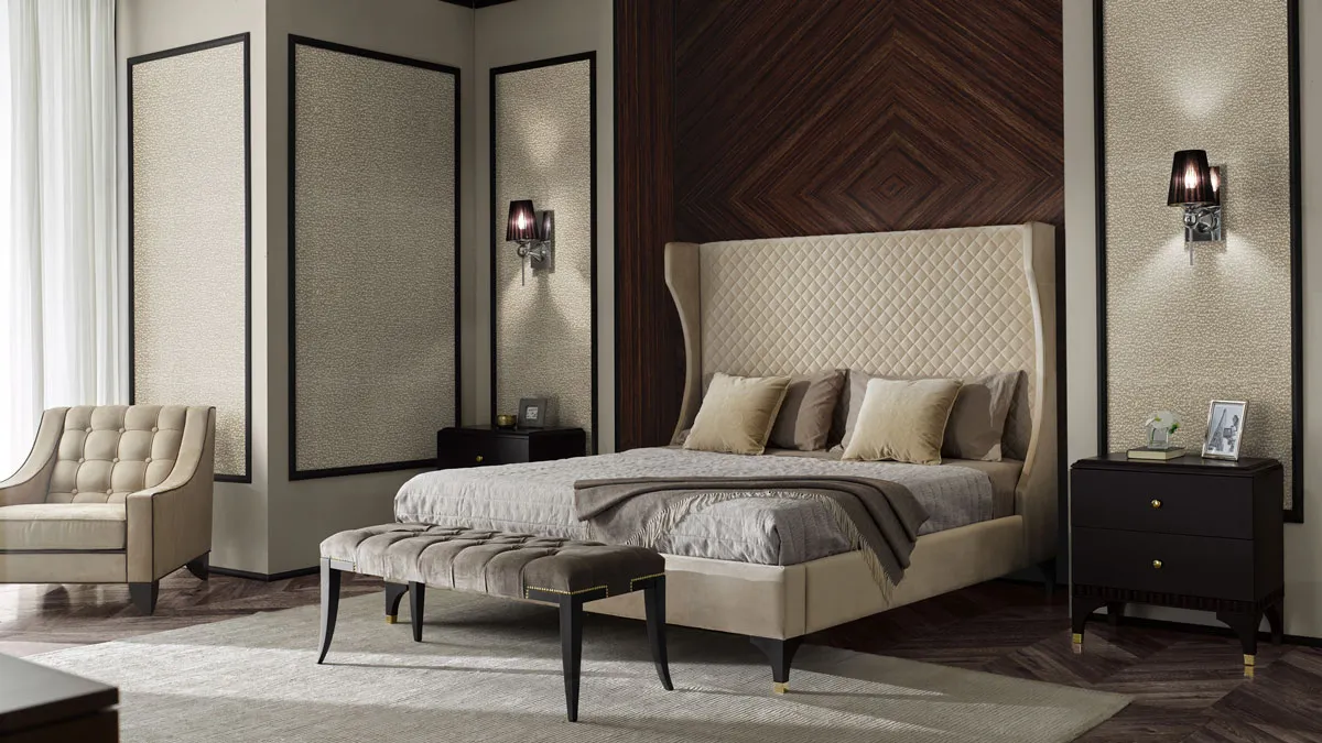 Camera da letto in stile classico contemporaneo, letto matrimoniale con comodini e panca scendiletto