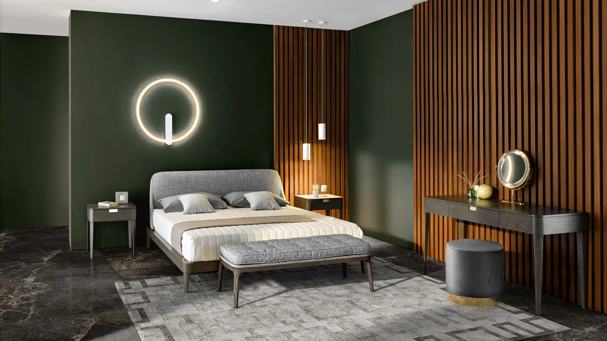 Camera da letto in style classico contemporaneo, letto matrimoniale moderno con comodini in legno e pettiniera con specchio direzionabile placcato oro