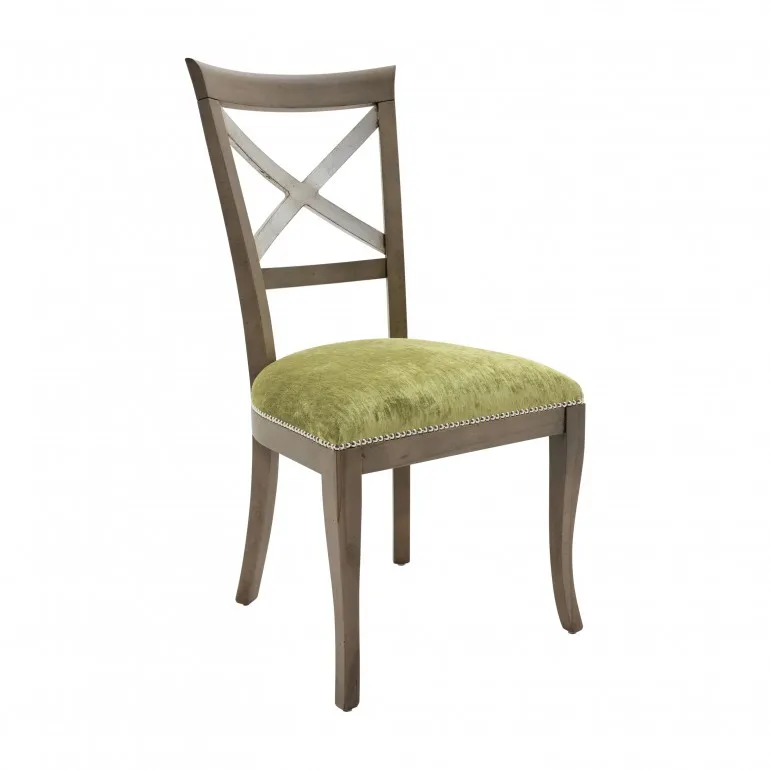Sedia classica Croce con schienale in legno rifinito in foglia argento, seduta imbottita e rivestita in morbido velluto verde